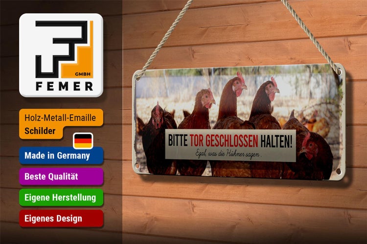 Blechschild Spruch 27x10cm Hühner bitte Tor geschlossen Dekoration