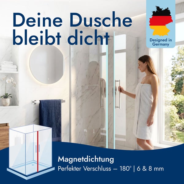 Frau im Bad an einer gläsernen Duschtür. Magnetdichtung für Verschluss bei 180 Grad, für 6 und 8 Millimeter Glas. Entwickelt in Deutschland.