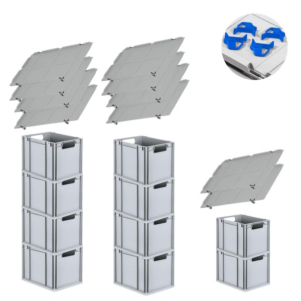 PROREGAL Spar Set 10x Eurobox Nextgen Economy Mit Auflagedeckel & 4x Schiebeschnappverschlüsse Blau Griffe Offen HxBxT 32 x 30 x 40 cm 30 Liter