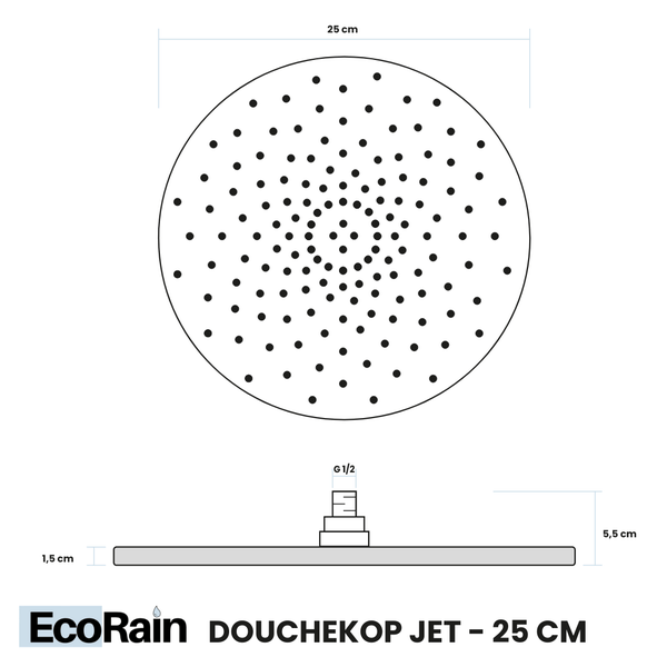 EcoRain 30% Wassersparender Regenduschkopf Jet 25 CM Rund - Hoher Wasserdruck - Universeller Anschluss - Anti-Kalk Duschkopf - Schwarz
