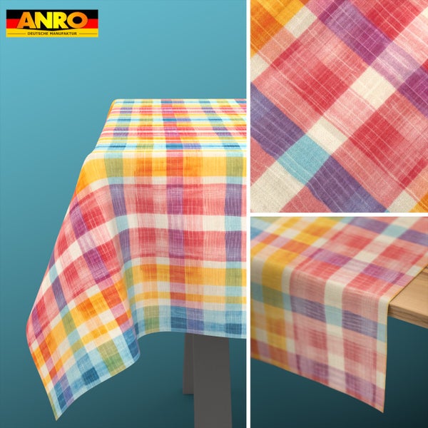 ANRO Tischdecke mit buntem Karomuster in Leinenoptik und ANRO Logo.