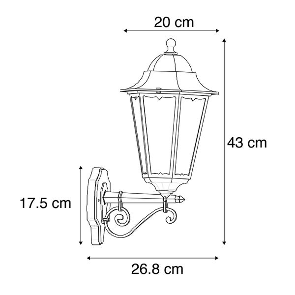 Klassische Außenwandleuchte mit Maßen: Höhe 43 Zentimeter, Breite 26,8 Zentimeter, Kopf 20 Zentimeter, Wandhalterung 17,5 Zentimeter.