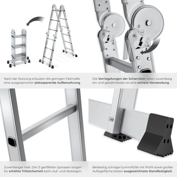 Mehrzweckleiter aus Aluminium mit platzsparendem Klappmechanismus, Sicherheitsgelenken, geriffelten Sprossen und rutschfesten Gummifüßen.