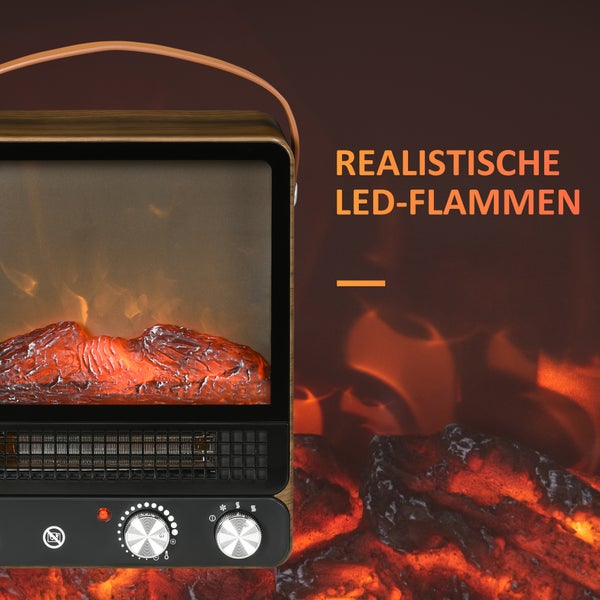 HOMCOM Elektrokamin mit Flammeneffekt, Griff, 750/1500W, mit Überhitzungsschutz für Wohnzimmer & Innenräume, 35L x 26B x 33,5H cm, ABS, PC, Stahl, gehärtetes Glas, Gelb+Grün