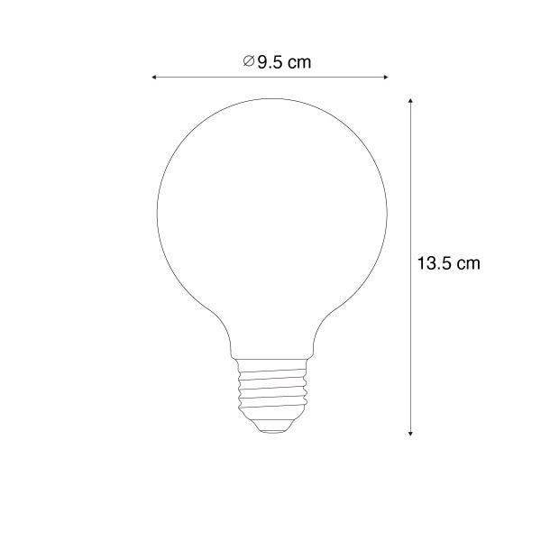 Technische Zeichnung einer Glühbirne mit den Maßen 9,5 cm Durchmesser und 13,5 cm Höhe.