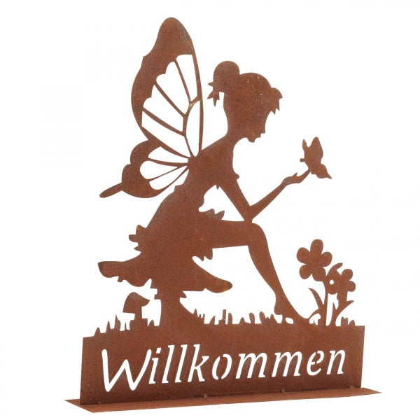 Dekorative Metallfigur einer Fee mit Schmetterling und dem Schriftzug 'Willkommen'