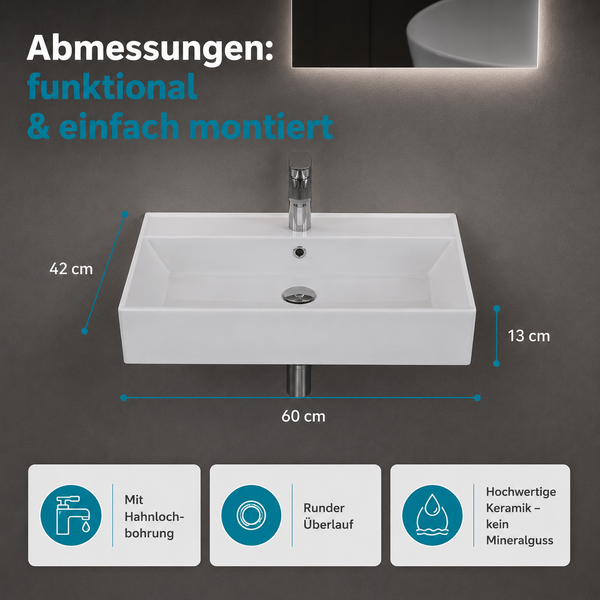 Rechteckiges Keramik-Waschbecken, Maße 60 Zentimeter Breite, 42 Zentimeter Tiefe, 13 Zentimeter Höhe, mit Hahnloch und rundem Überlauf.