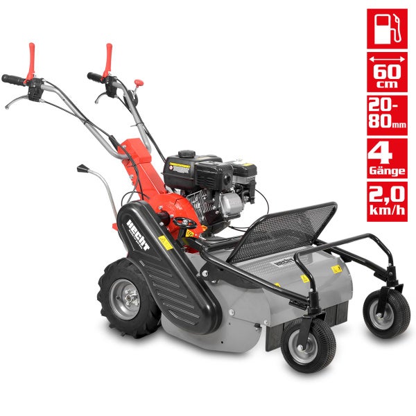 Hecht Kehrmaschine mit Benzinmotor, 60 Zentimeter Arbeitsbreite, 20 bis 80 Millimeter Bürsten Höhenverstellung, vier Gänge und 2,0 Kilometer pro Stunde Geschwindigkeit