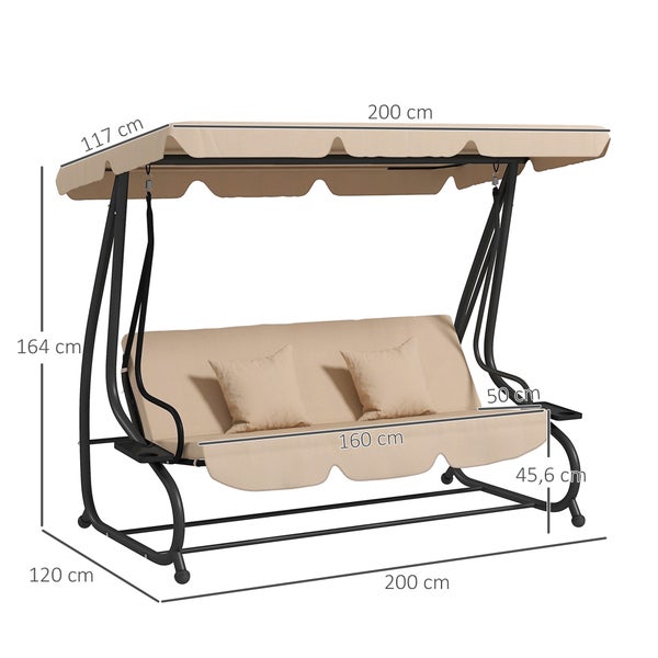 Outsunny 2 in 1 Hollywoodschaukel mit Liegefunktion 3-Sitzer Gartenschaukel mit Sonnendach, Getränkehalter Kissen Schaukelbank belast bis 340kg, Gartenliege für Garten, Terrasse, 200x120x164 cm, Braun