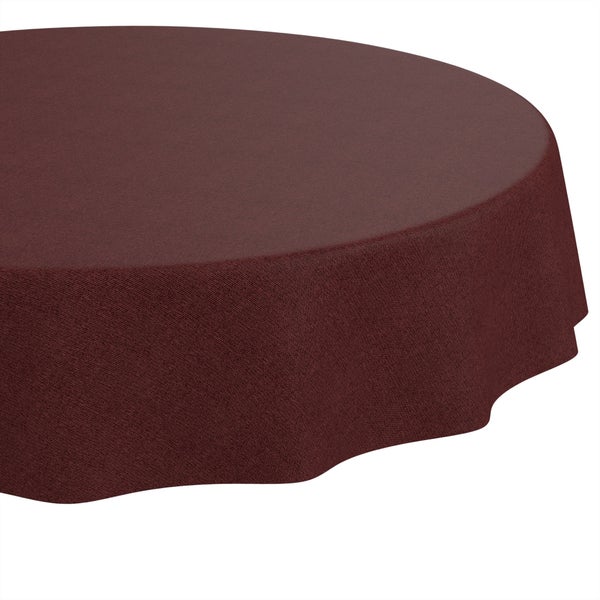 Runde Tischdecke in Weinrot aus gewebtem Stoff.