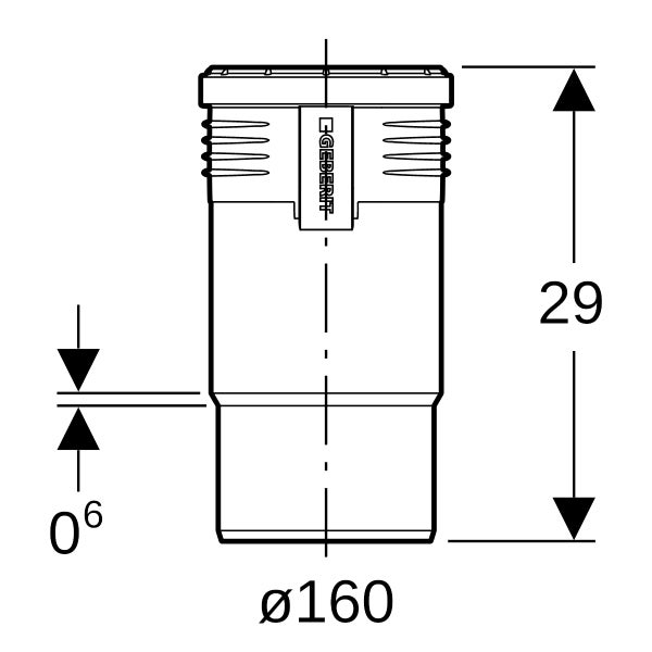 Technische Zeichnung Geberit Rohrverbinder, Durchmesser 160 Millimeter, Gesamthöhe 29.