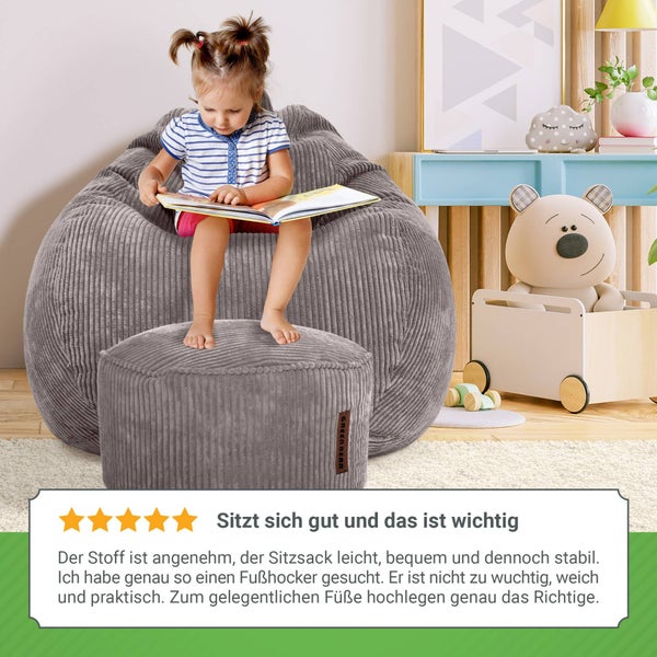 Green Bean 2er Set Indoor XXL Sitzsack + Pouf mit EPS-Perlen Füllung - Fußhocker Fußkissen Hocker Bodenkissen Liegekissen Sitzkissen Lounge Chair - Grau