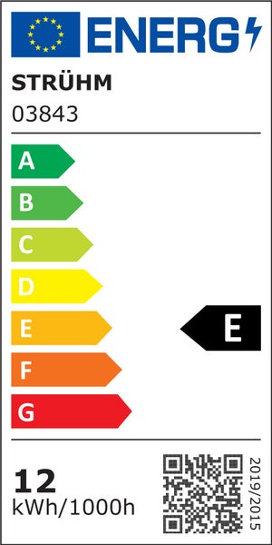 EU Energieeffizienzlabel für Strühm 03843 Leuchtmittel mit Klasse E und Stromverbrauch von 12 kWh pro 1000 Stunden.