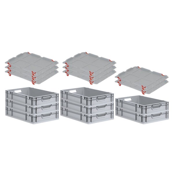 PROREGAL SuperSparSet 8x Eurobox NextGen Grip mit Auflagedeckel mit 4 Roten Schiebeschnappverschlüssen HxBxT 12 x 40 x 60 cm 23 Liter Griffe