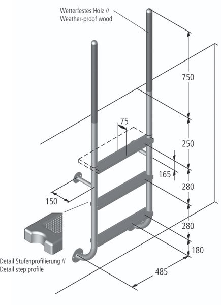 Technische Zeichnung einer Treppe mit Maßen und Details zu wetterfestem Holz und Stufenprofilierung.