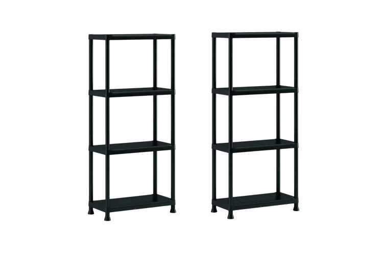 Set aus zwei schwarzen Kunststoffregalen mit jeweils vier stabilen Fachböden für Keller, Garage oder Werkstatt.