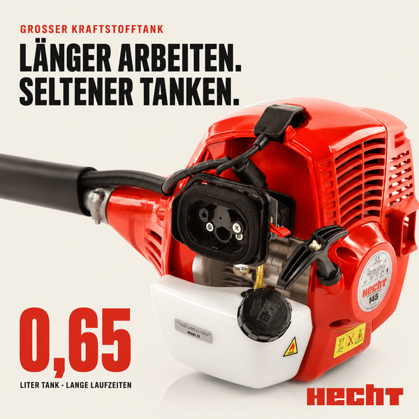 Hecht Benzin-Motorsense mit einem 0,65 Liter Kraftstofftank für lange Laufzeiten, Hecht Logo.