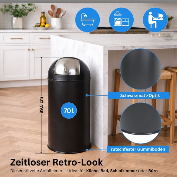 Schwarzer Retro Abfalleimer, 70 Liter Volumen, 89,5 Zentimeter hoch, rutschfester Boden, geeignet für Küche, Bad, Schlafzimmer und Büro.