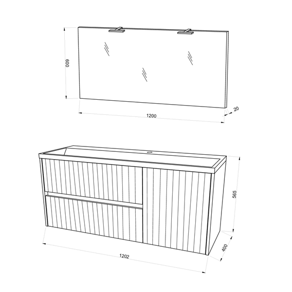 Möbelset für das Badezimmer in 120cm, geriffelt mit Eiche und Spiegel | Cortina