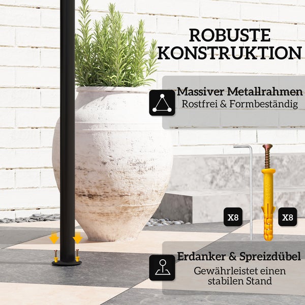 Robuste Konstruktion mit massivem, rostfreiem Metallrahmen sowie Erdankern und Spreizdübeln für einen stabilen Stand.