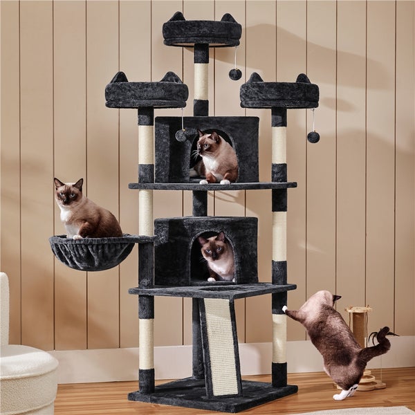 Mehrstöckiger Katzenbaum mit Liegeflächen, Höhlen und Kratzstämmen, genutzt von mehreren Katzen.