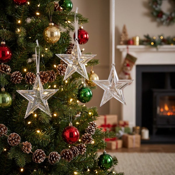 Weihnachtsbaum geschmückt mit transparenten Sternanhängern, glänzenden Kugeln und Tannenzapfen in einem gemütlichen Raum mit Kamin.