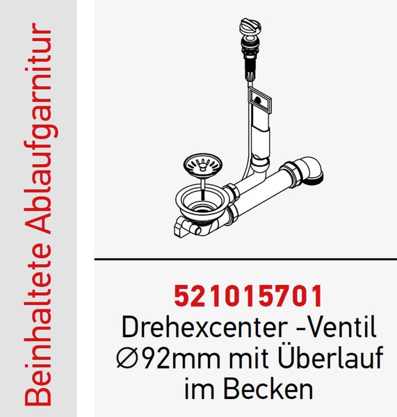 Drehexcenter Ventil mit 92 Millimeter Durchmesser und Überlauf für Waschbecken