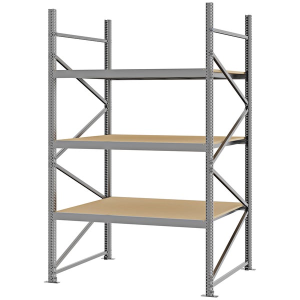 Schwerlastregal mit grauem Metallgestell und drei Holzböden, stabilisiert durch diagonale Streben.