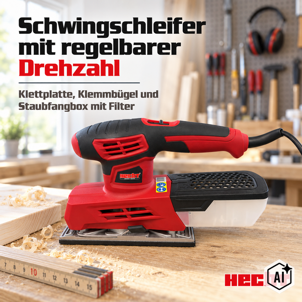 Hecht Schwingschleifer mit regelbarer Drehzahl, Klettplatte, Klemmbügel und Staubfangbox auf einem Holztisch in einer Werkstatt.