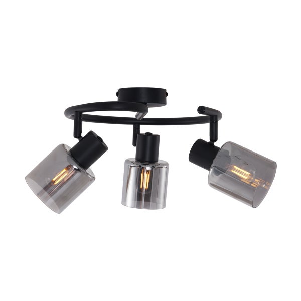 Deckenleuchte mit drei Strahlern und grauem Glasschirm