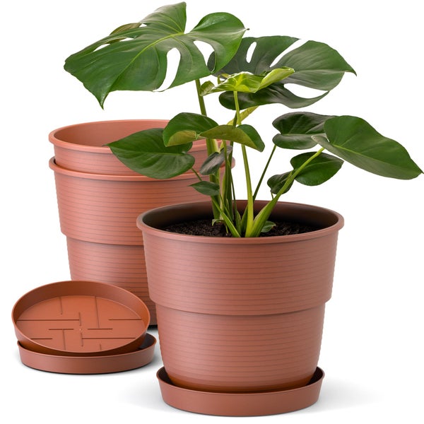 Plastard Blumentopf 3er Set mit Untersetzer Terrakotta 28 x 22 cm Pflanzkübel für Innen und Außen