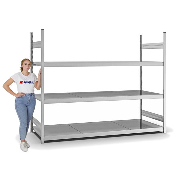PROREGAL Weitspannregal Stecksystem T-Profil Grundregal HxBxT 200x250x80 cm 3 Ebenen Stahlplatten Fachboden Fachlast 350 kg Verzinkt