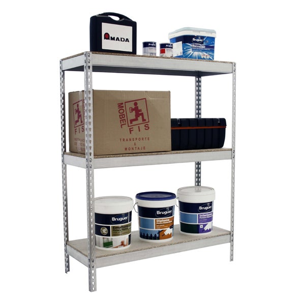 Schwerlastregal aus Metall mit drei Ebenen, beladen mit Aufbewahrungsboxen, Farbeimern und Werkzeugkoffern.