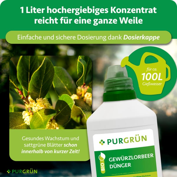 Infografik: 20 Milliliter Konzentrat abmessen und mit 2 Liter Wasser verdünnen. Anwendung von März bis Oktober wöchentlich. Purgrün Logo.