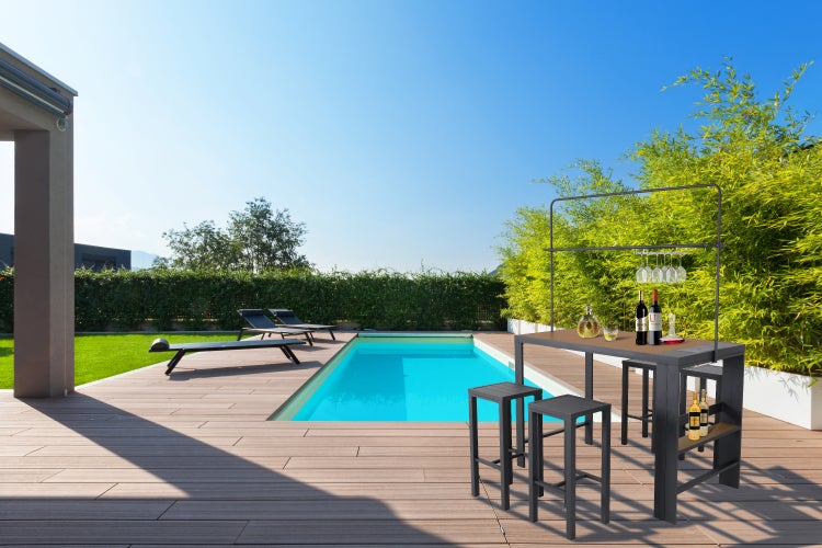 Bar-Sitzgruppe / Gartentheke ELSA 5tlg., 4 Hocker, Tisch, anthrazit mit Holzoptik