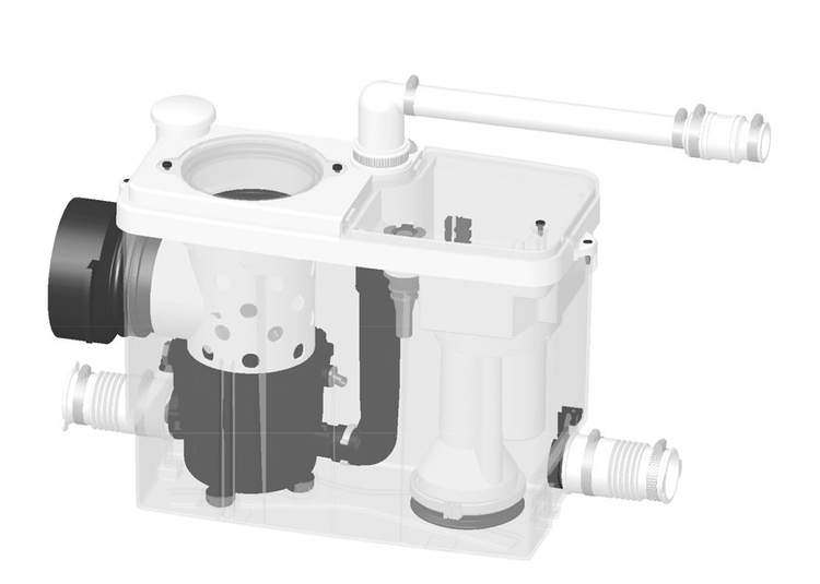 Innenansicht einer Hebeanlage mit Pumpe, Sammelbehälter und Anschlussrohren.