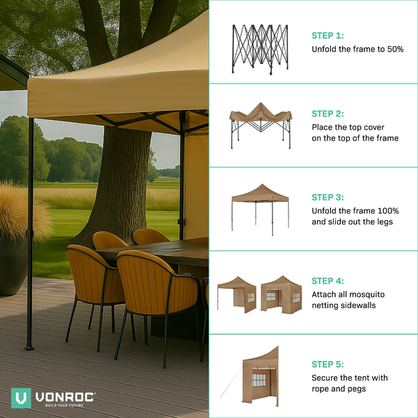 VONROC Pavillon 3x3m wasserdicht stabil - Partyzelt EasyUp System [3Min Aufbau] Popup Faltpavillon modular erweiterbar als Festival Zelt, Gartenpavillon