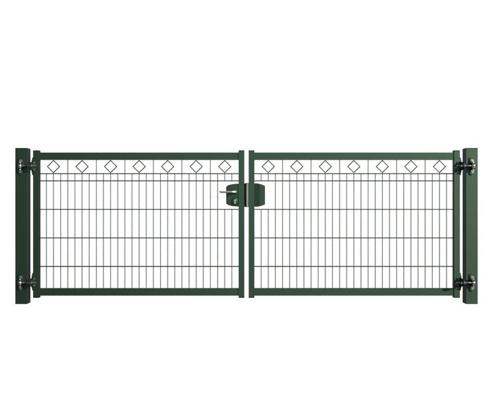 Doppelflügeltor aus Metall mit Drahtgitterfüllung und Rautenmuster