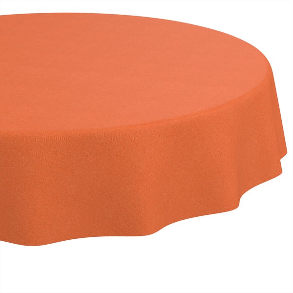 Runde orangefarbene Tischdecke mit feiner Textilstruktur.
