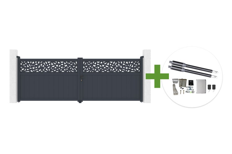 Doppelflügeliges Einfahrtstor aus Aluminium mit dekorativem Muster und elektrischem Drehtorantrieb inklusive Zubehör.