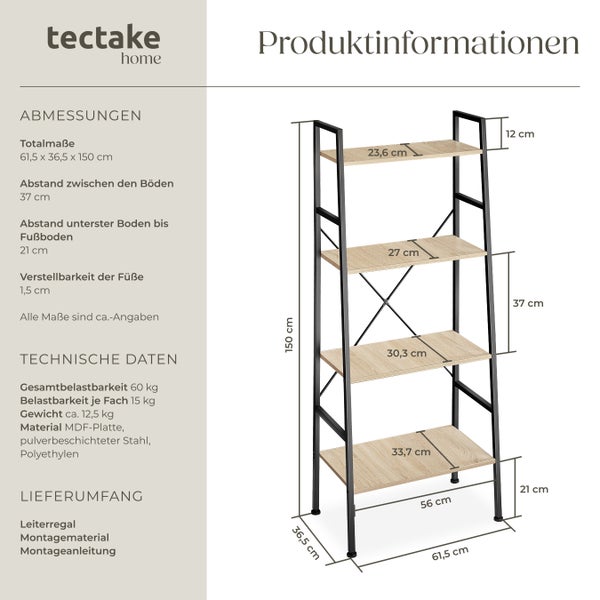 Leiterregal tectake Liverpool inklusive Kippschutz, 61,5 x 36,5 x 150 cm Industrial Style Industrial Holz hell, Eiche Sonoma