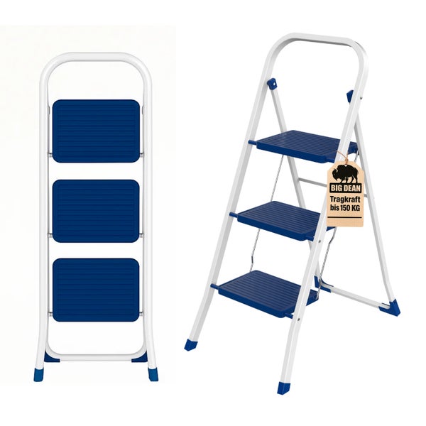 Trittleiter mit drei Stufen, zusammengeklappt und aufgeklappt dargestellt