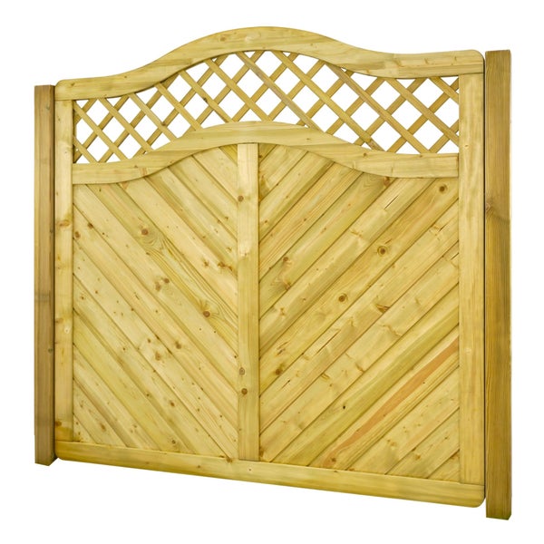 Holztor mit diagonaler Bretterstruktur und Lattenzaun oben