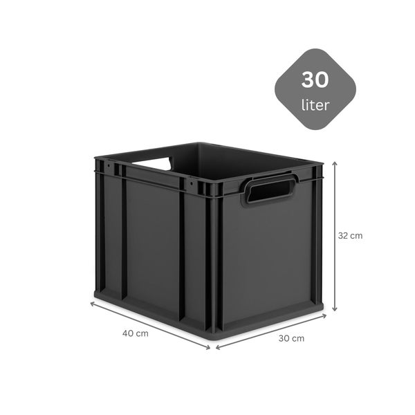 PROREGAL SuperSparSet 5x Eurobox NextGen Grip mit Scharnierdeckel und schwarzen Schiebeschnappverschlüssen, HxBxT 32x30x40cm, 30 Liter, Schwarz, Griffe offen, Eurobehälter, Transportbox, Transportbehälter, Stapelbehälter