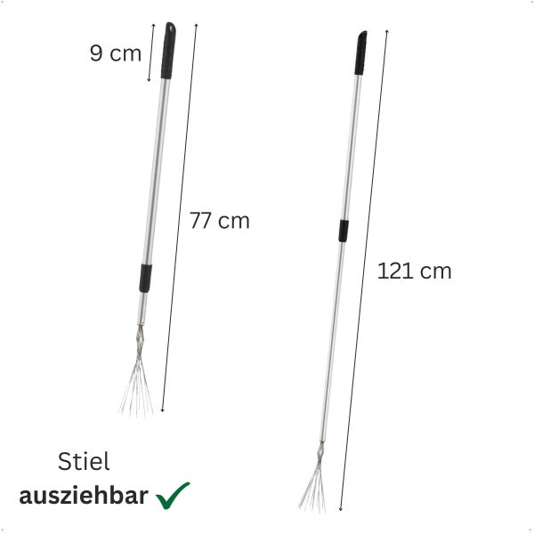 Teleskop Unkrautgreifer mit Greifkopf und ausziehbarem Stiel von 77 Zentimeter bis 121 Zentimeter Länge.