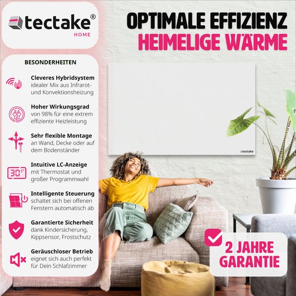 Tectake Logo. Frau sitzt entspannt vor einer Infrarotheizung im Wohnzimmer mit dem Text Optimale Effizienz und Heimelige Wärme. Aufzählungspunkte listen besondere Merkmale auf. 2 Jahre Garantie.