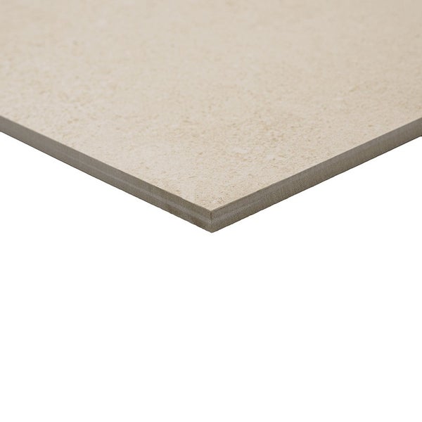 Beige Feinsteinzeugfliese mit strukturierter Oberfläche in Steinoptik für Wand und Boden.