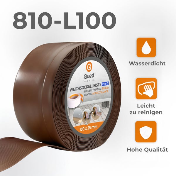 Quest Profile Weichsockelleiste Pro in Braun 100 mal 25 Millimeter als Rolle. Wasserdicht, leicht zu reinigen und von hoher Qualität.