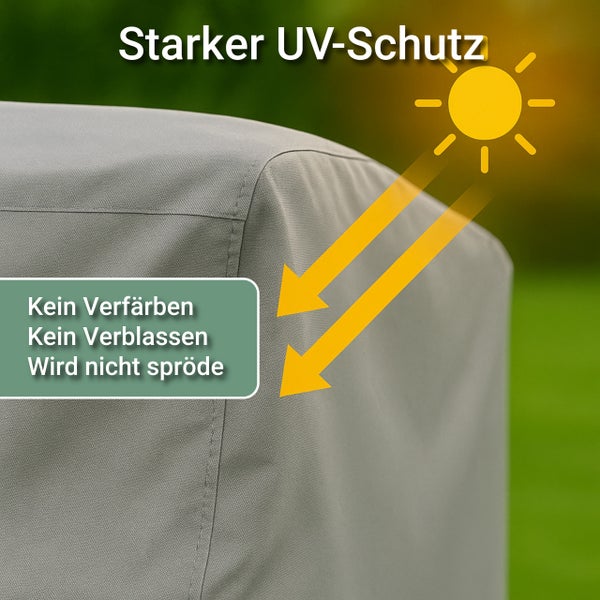 Graue Schutzhülle mit starkem Ultraviolett-Schutz gegen Verfärben, Verblassen und Verspröden durch Sonneneinstrahlung.