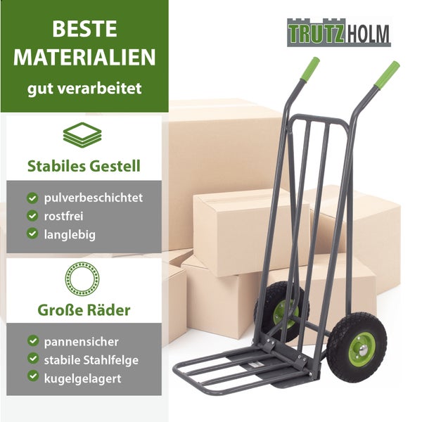Trutzholm Sackkarre mit pulverbeschichtetem Stahlrahmen und pannensicheren Reifen vor Umzugskartons.
